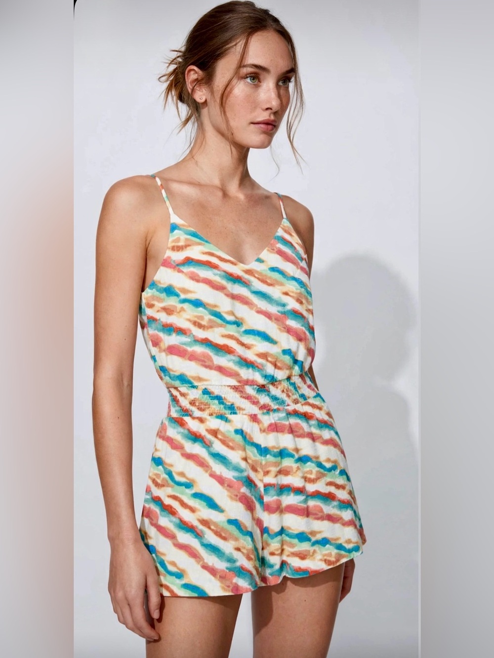 Style Rack Multicolor Romper with adjustable straps Size S elastic waist
